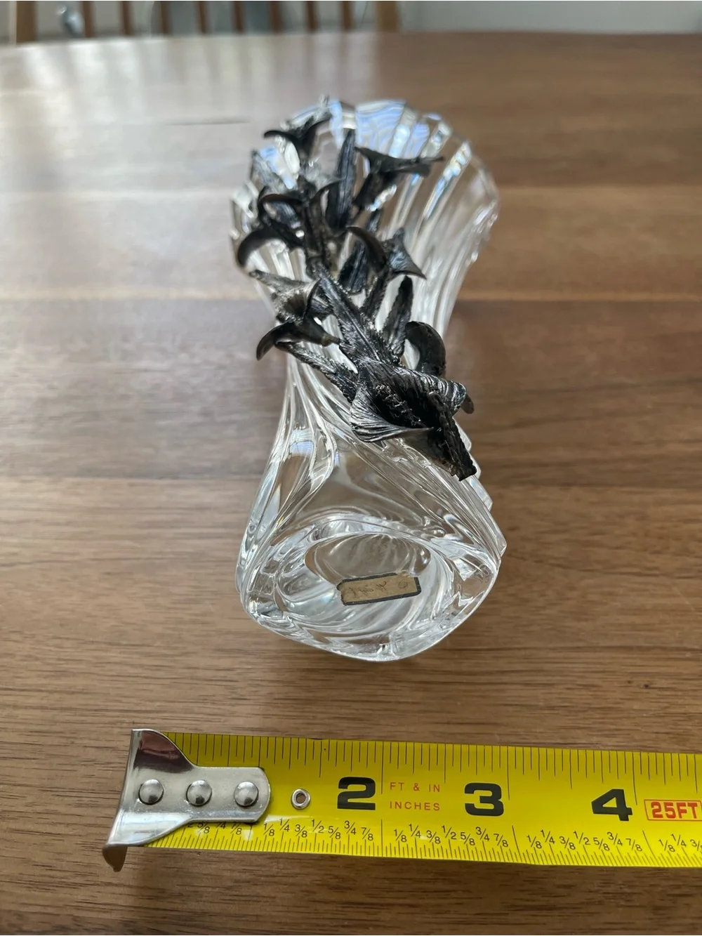Elegant Clear Glass Vase with Black gray metal Floral Accents